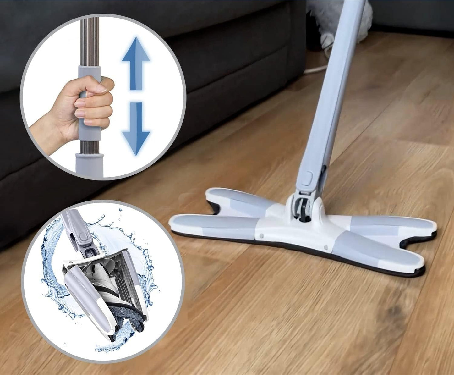 XMOP mop on a wooden floor with close-up insets showing handle and cleaning action.