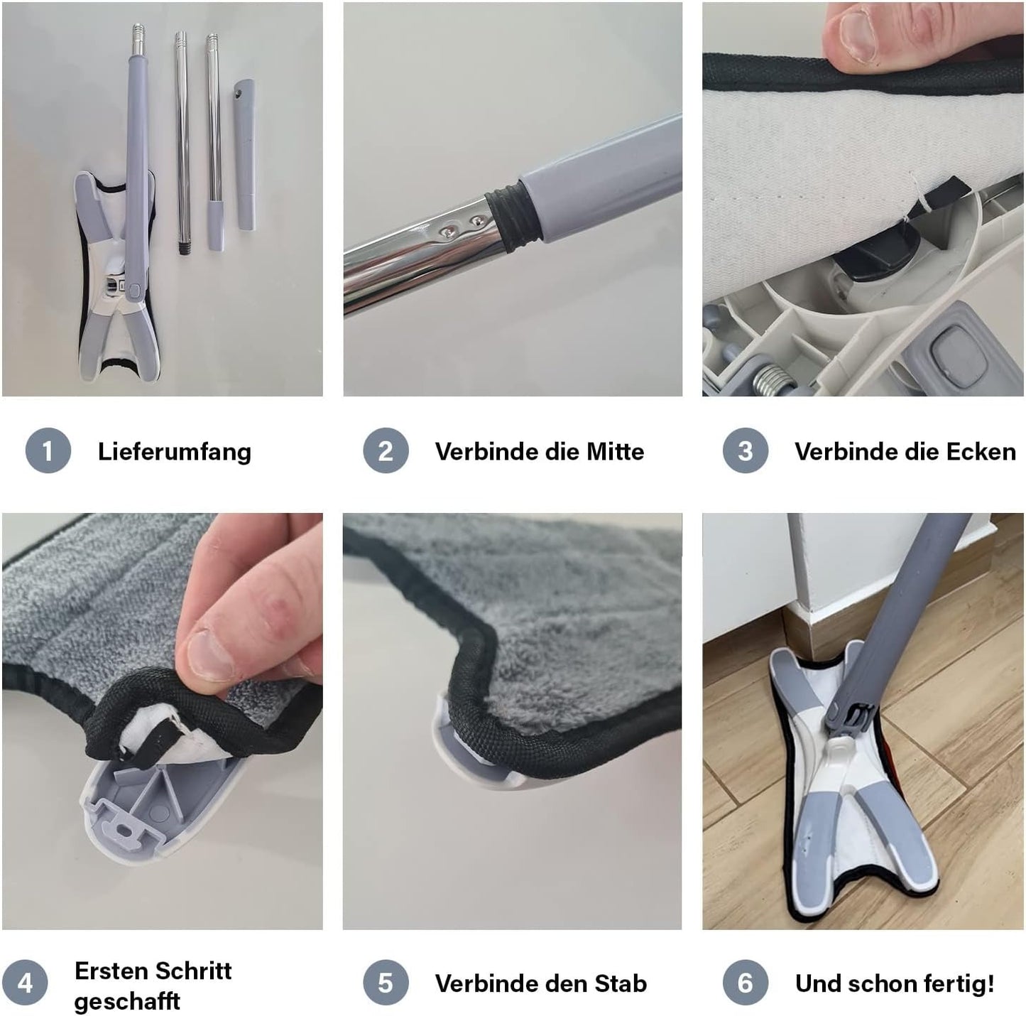 Step-by-step assembly instructions for a cleaning tool with German text.