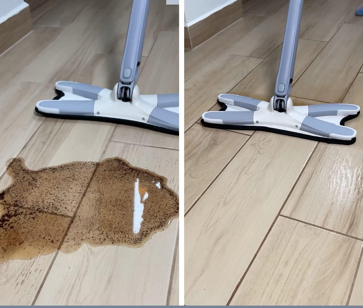Before and after cleaning of a spill on a wooden floor with a mop.