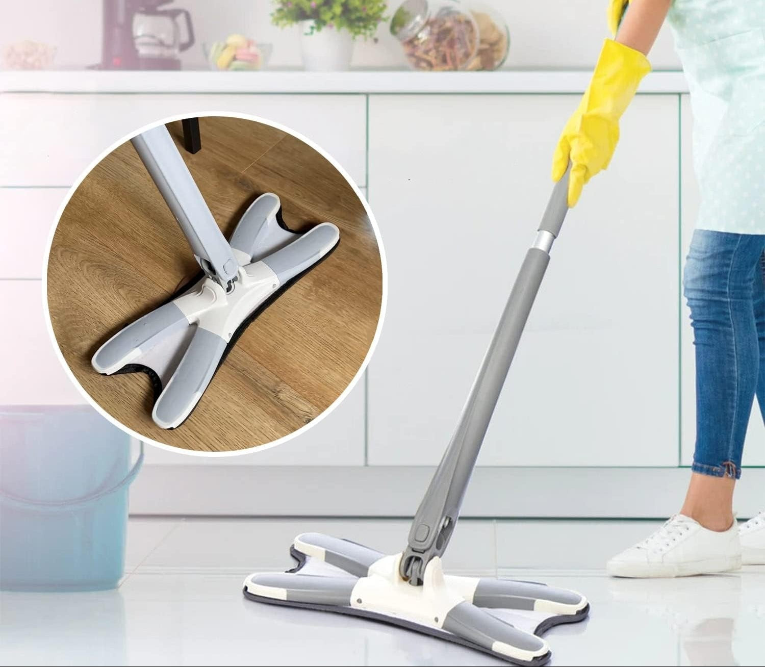 Person cleaning with a mop and a close-up of the mop head on a wooden surface.